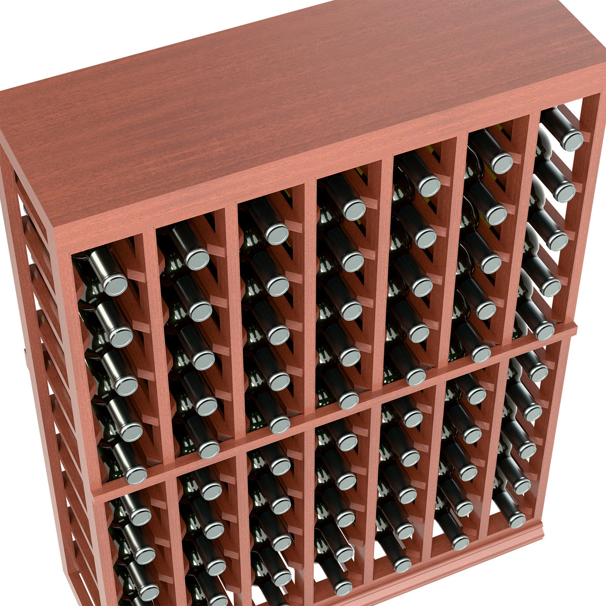 Angled view of wooden wine bottle rack table with open rows and solid top