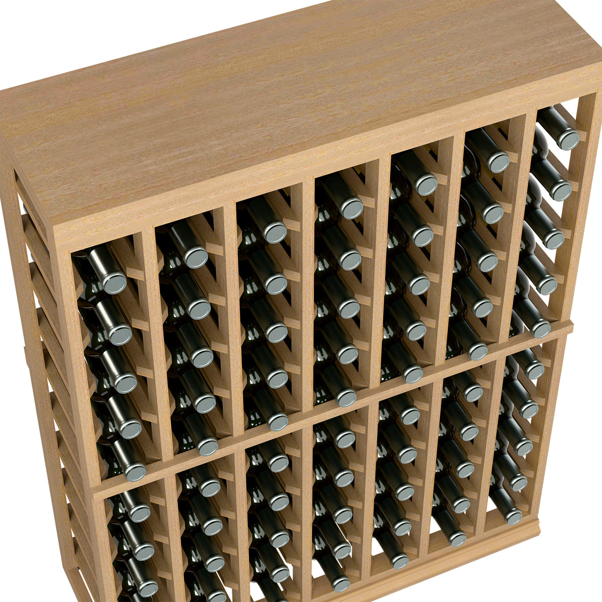 Close-up of light wood tasting table bottle rack rows under a solid top