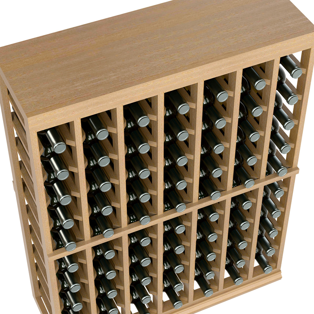 Close-up of light wood bottle rack rows on a half-height tasting table
