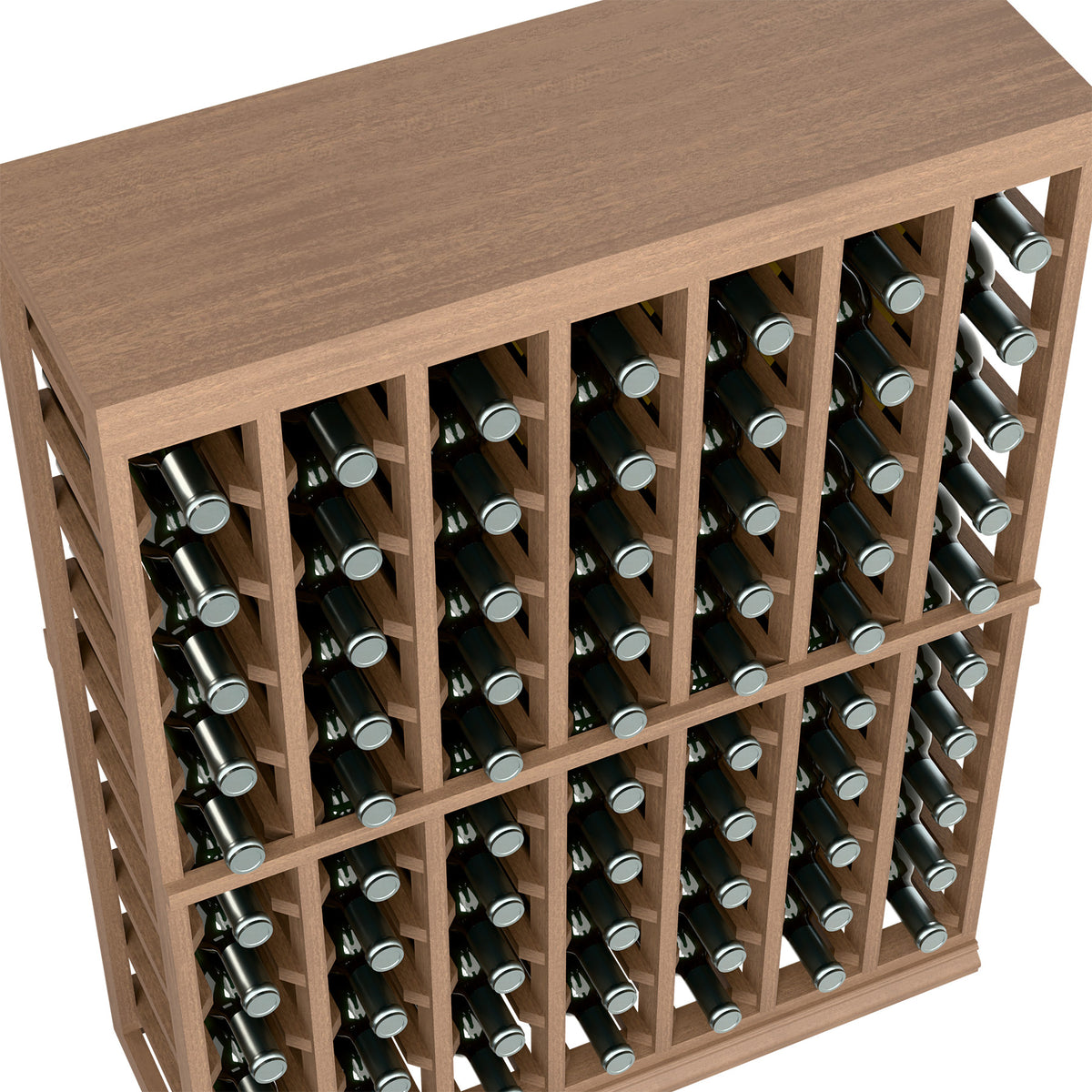 Half-height wine tasting table with solid top and open front bottle storage rack