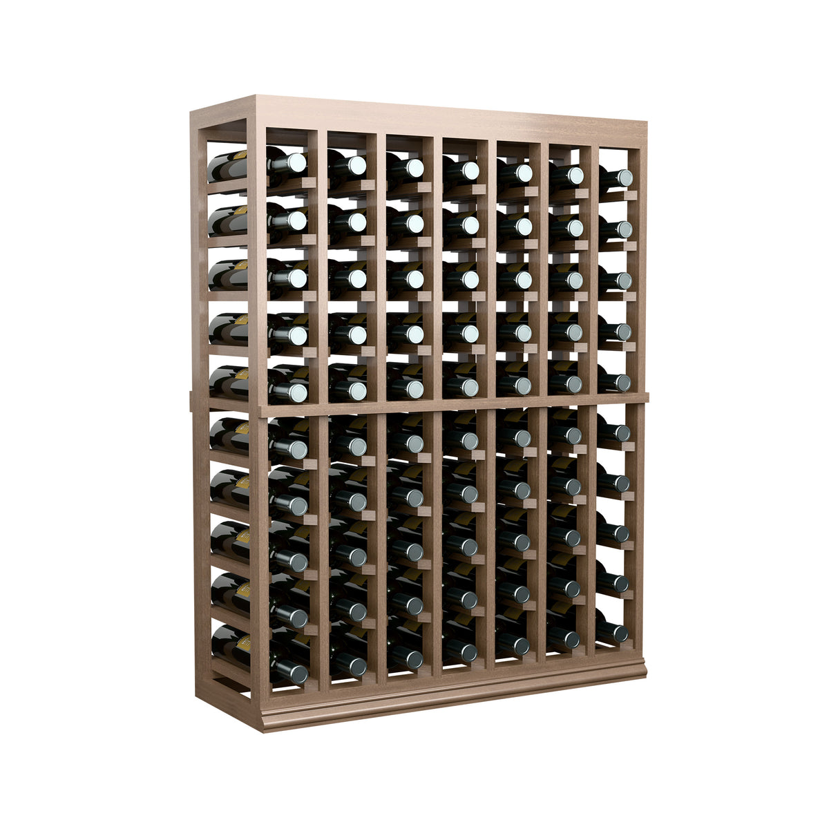 Half-height wine tasting table with solid top and bottle storage rack, front view