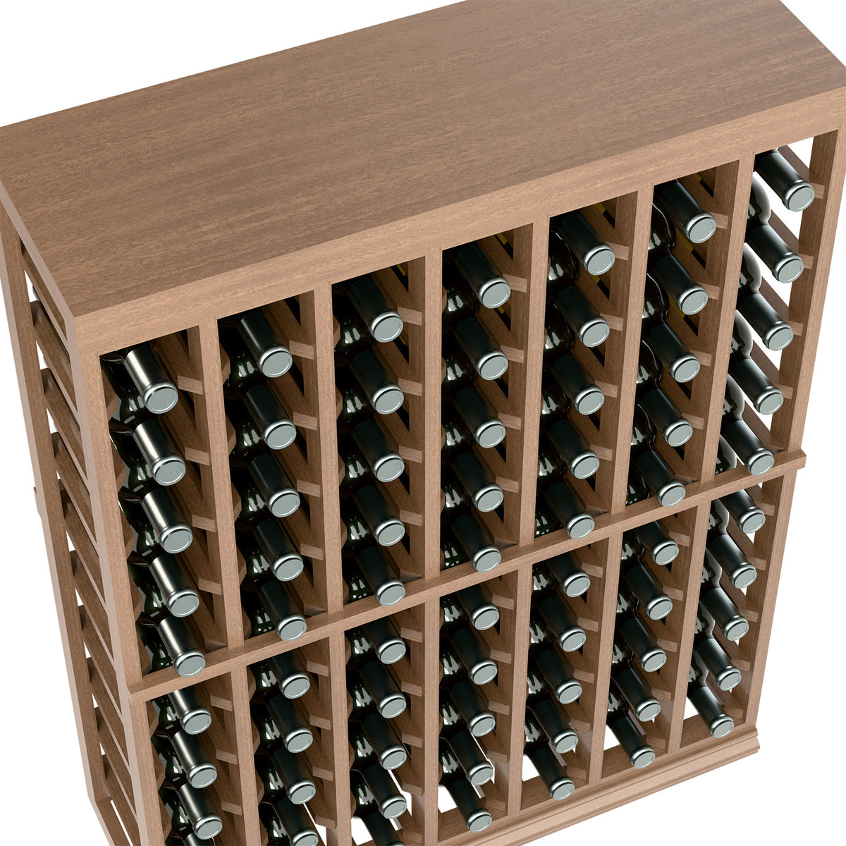 Half-height wine tasting table with solid top and open bottle rack, close angled view