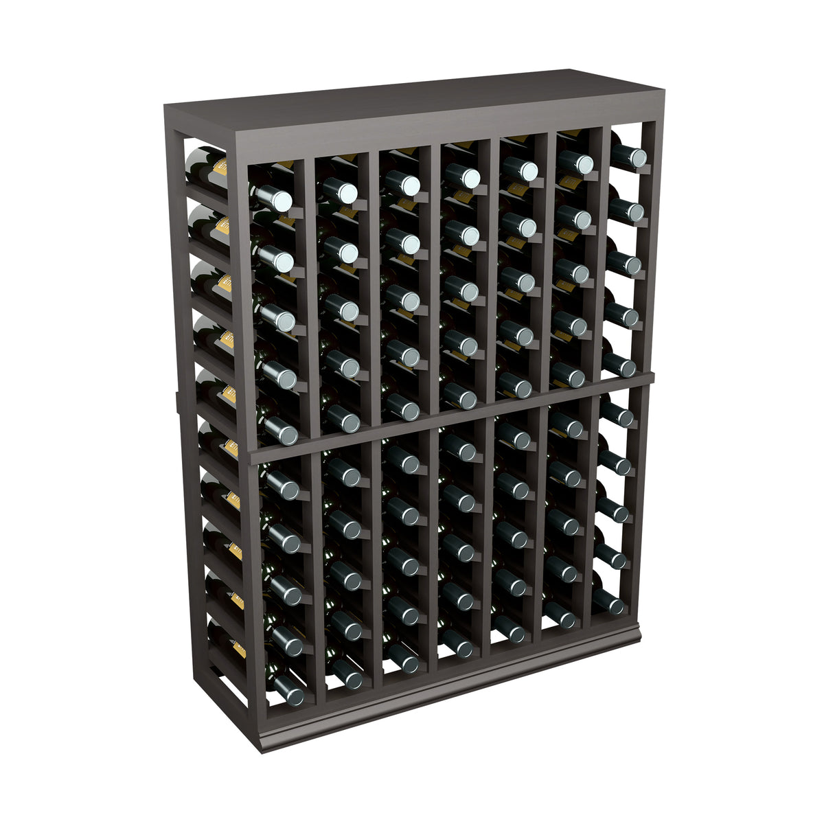 Half-height wine tasting table with solid top and front bottle storage rack, dark finish