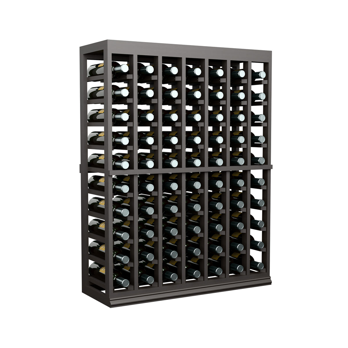 Half-height wine tasting table with solid top and bottle rack, dark finish front view