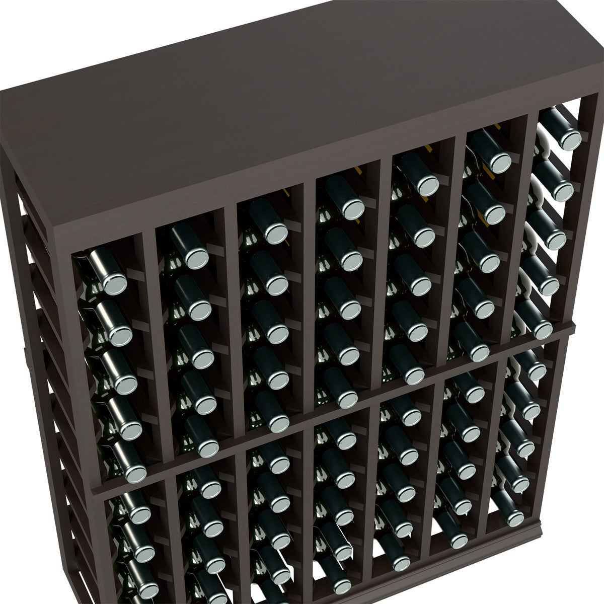 Half-height wine tasting table with solid top and bottle rack, dark finish close-up