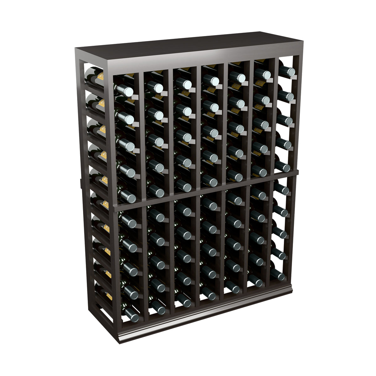 Half-height wine tasting table with solid top and open bottle rack, dark finish angle