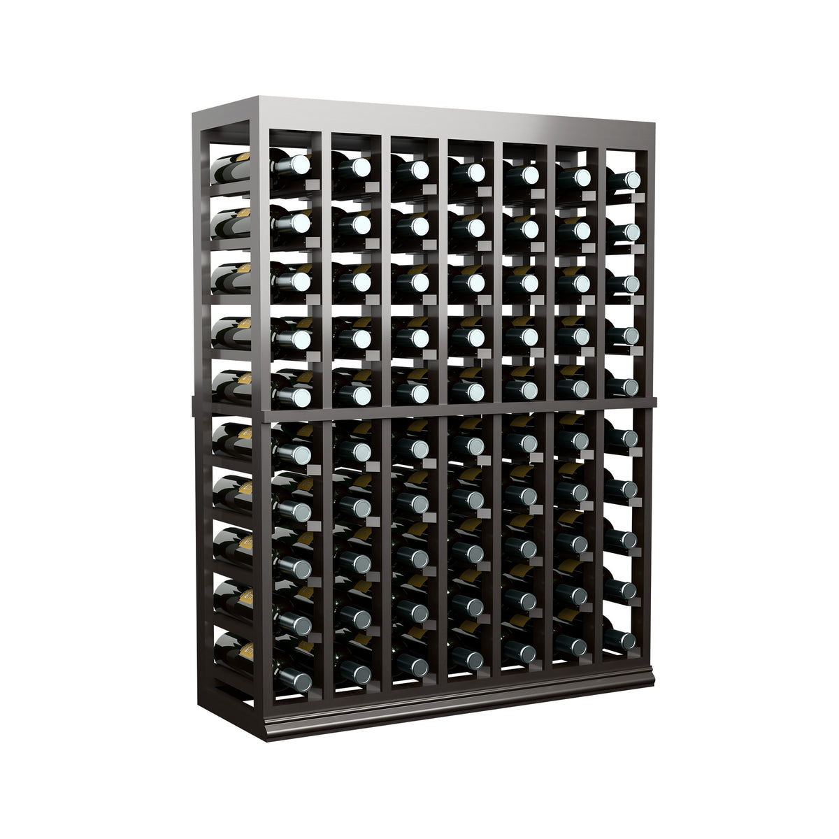Half-height wine tasting table with solid top and bottle storage rack, dark finish front