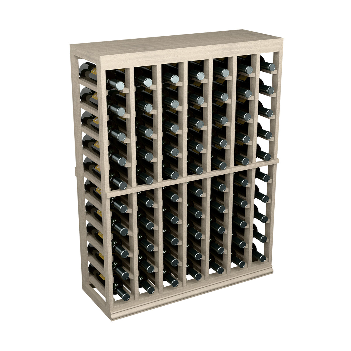 Wine tasting table wine bottle rack with solid top, half-height, gray wood and cradles