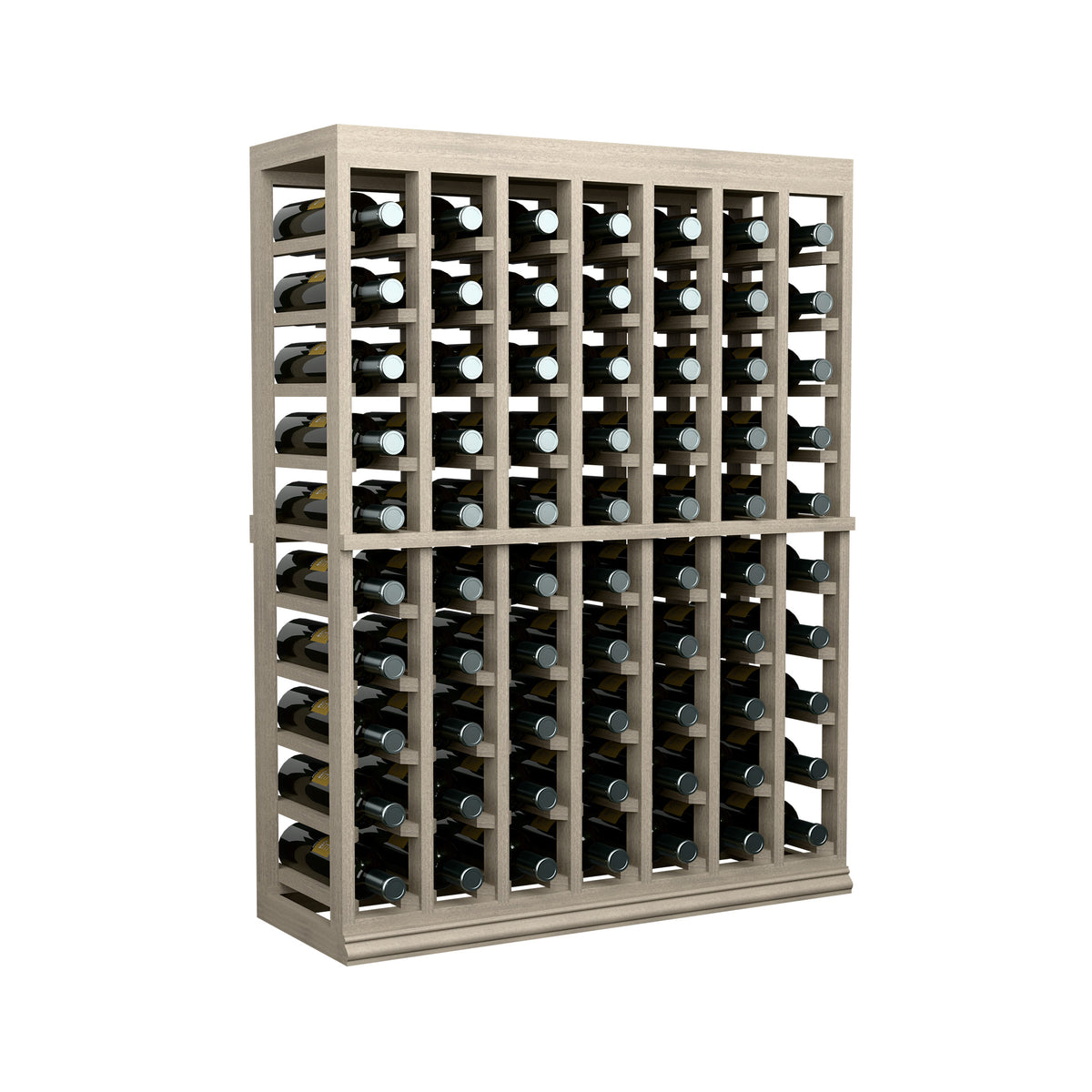 Half-height wine tasting table with solid top and bottle slots in gray wood