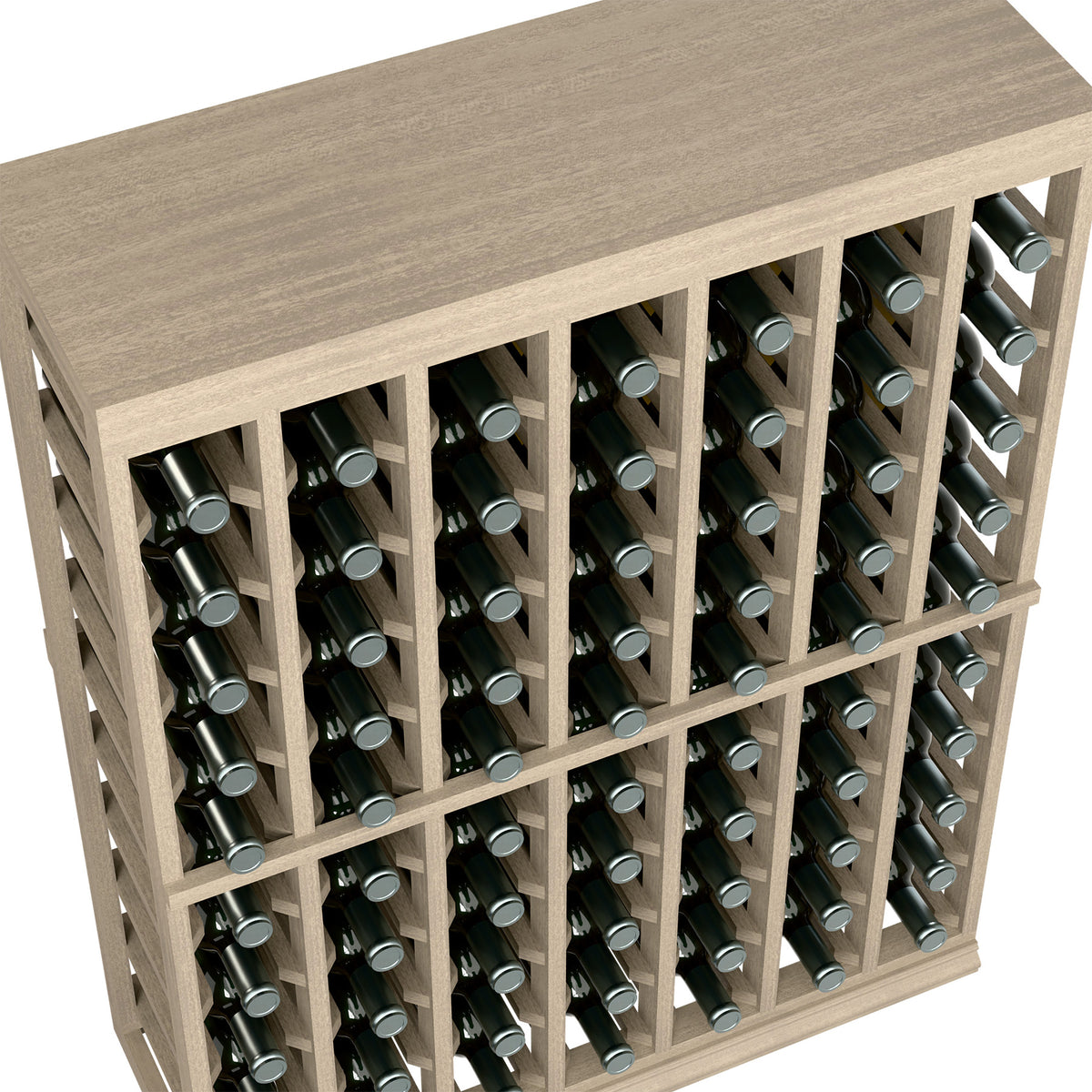 Close-up of half-height wine tasting table bottle rack with solid top and individual slots