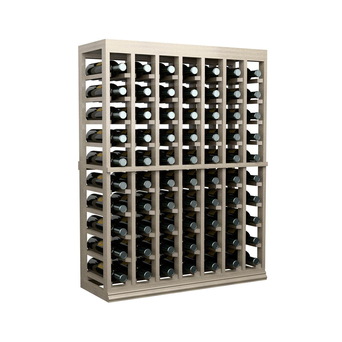 Front view of half-height wine tasting table with solid top and bottle compartments