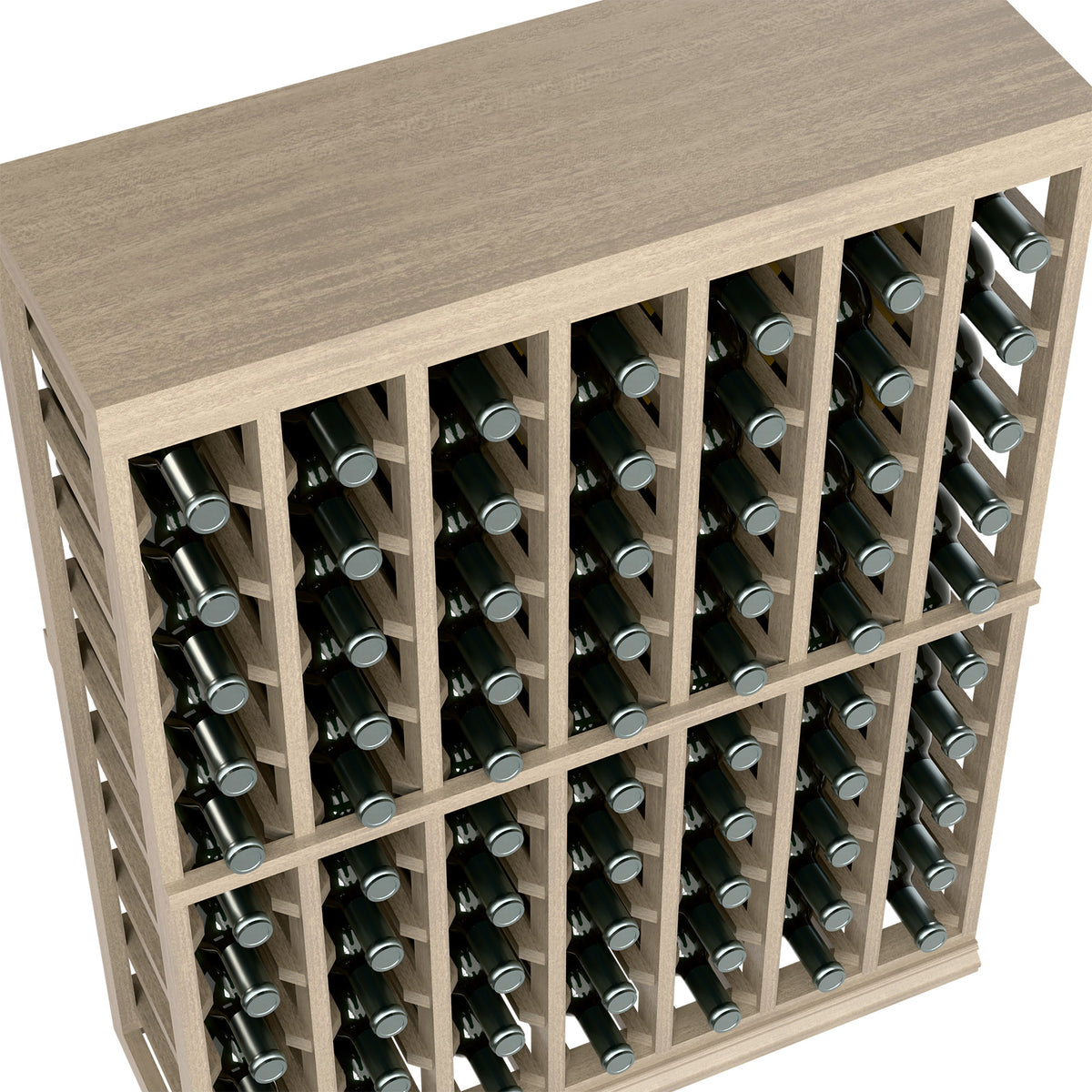 Close-up of half-height wine tasting table showing bottle slots and solid top panel