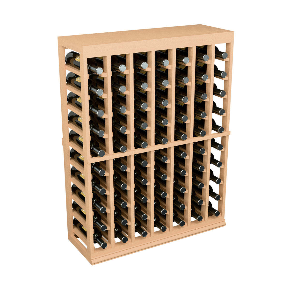 Half-height wine tasting table with solid top, light wood frame and bottle cradles