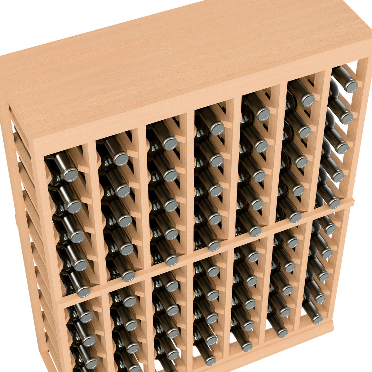 Close-up of half-height wine tasting table showing light wood bottle compartments