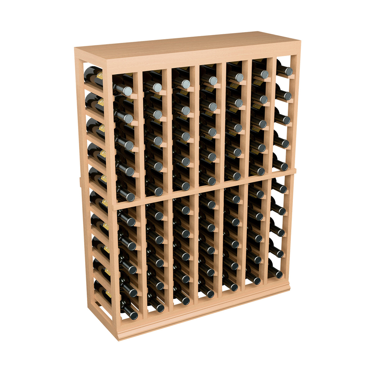 Half-height wine tasting table with solid top and bottle slots, light wood wine rack