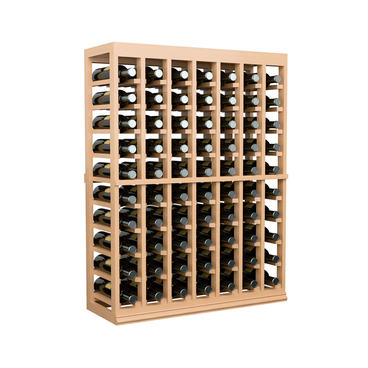 Light wood half-height wine tasting table with solid top, holding upright wine bottles