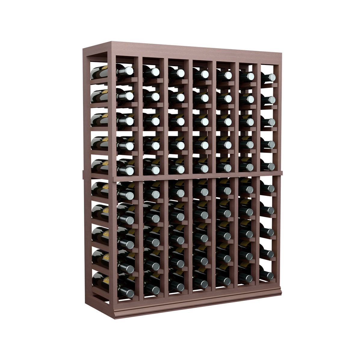 Dark brown half-height wine tasting table with solid top and front wine bottle slots