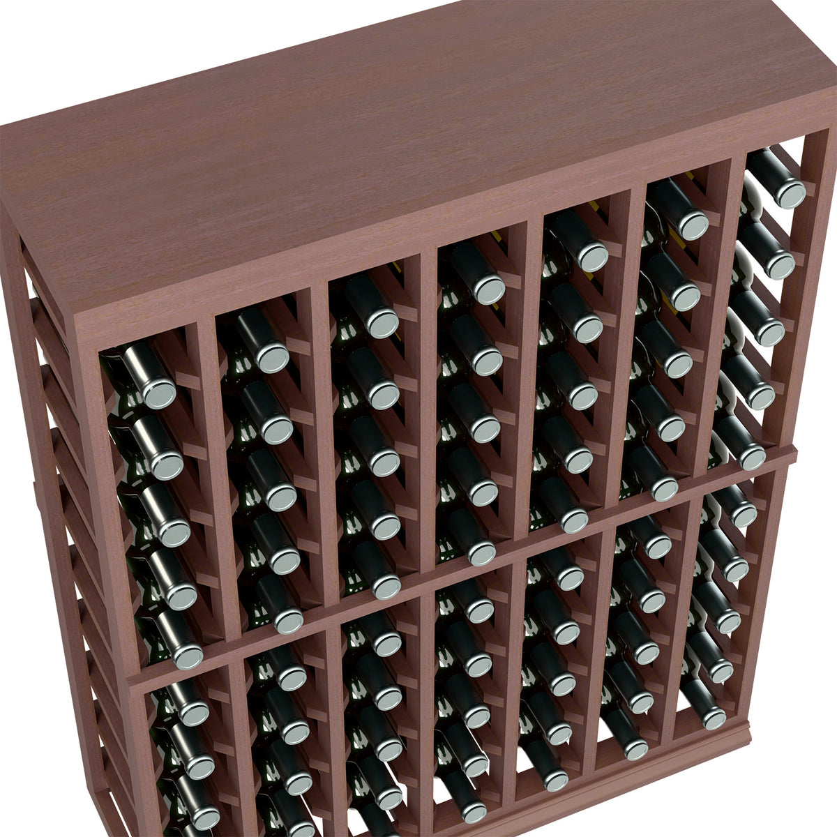 Close-up of dark brown wine bottle holders on a half-height tasting table
