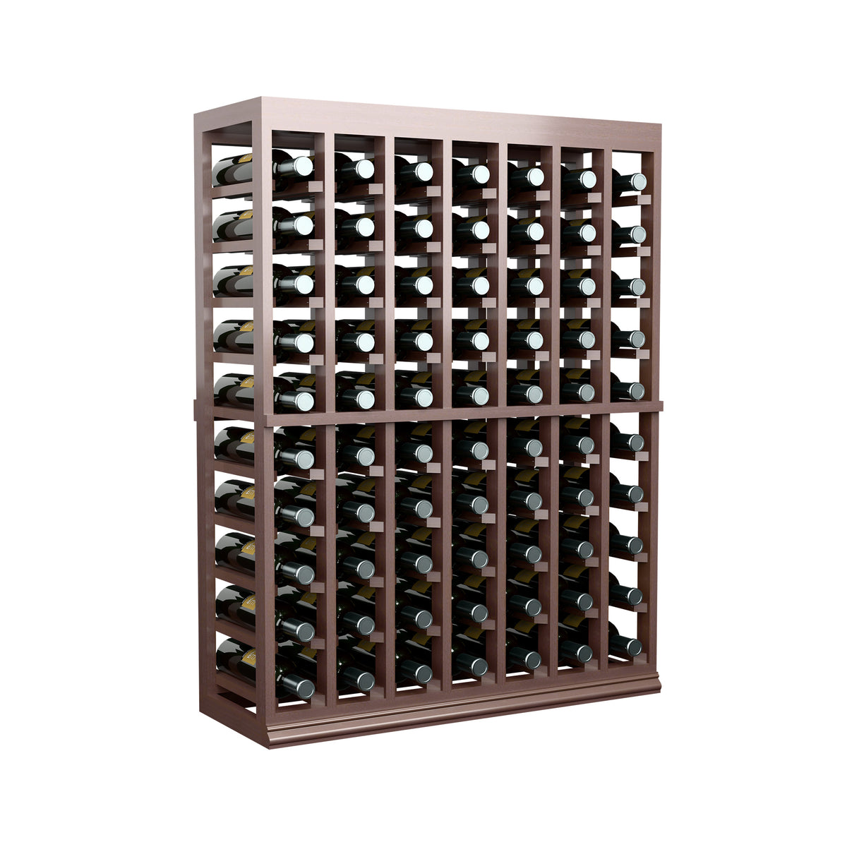 Dark brown half-height wine tasting table with solid top and neatly aligned wine bottles