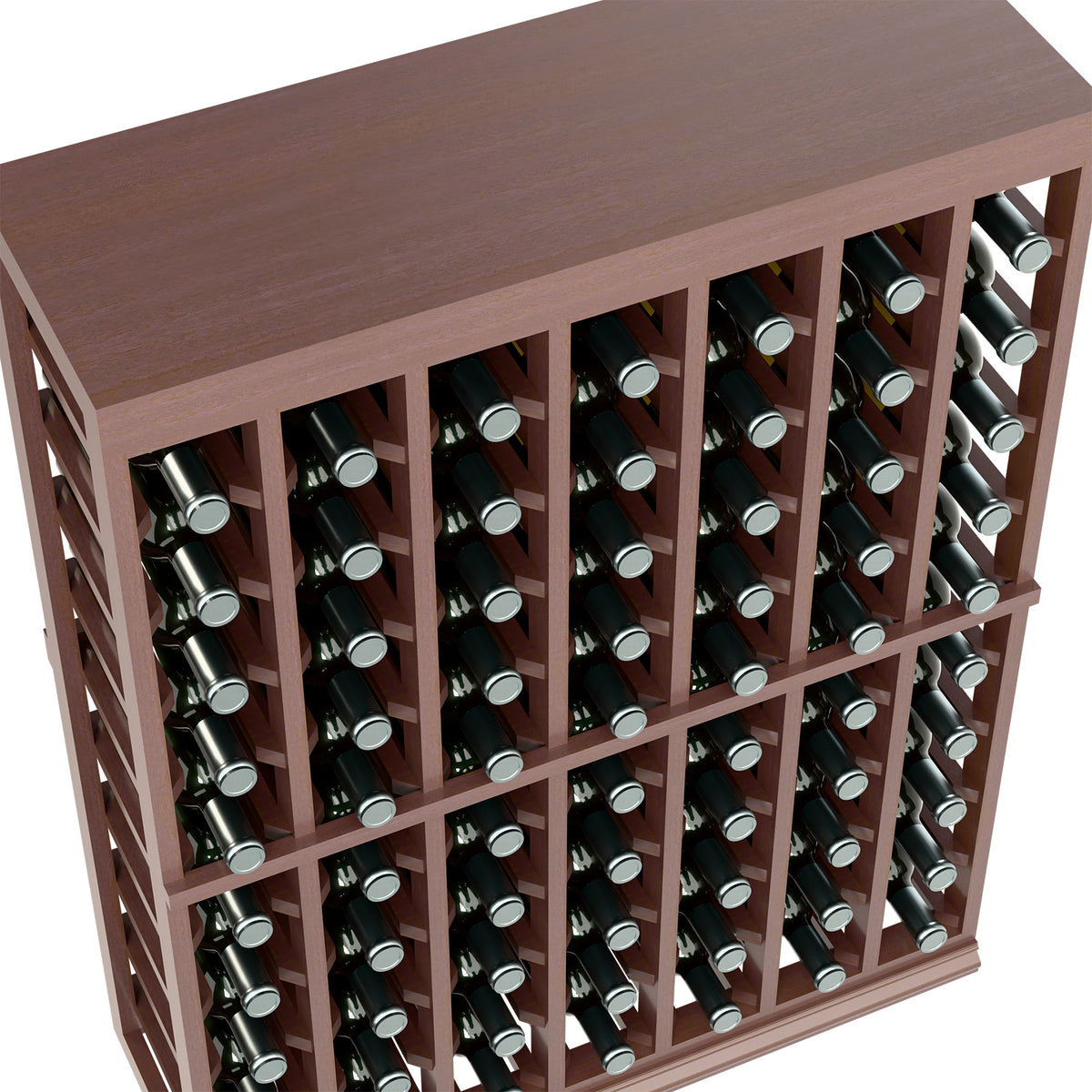Angled view of dark brown wine bottle holders on a half-height wine tasting table