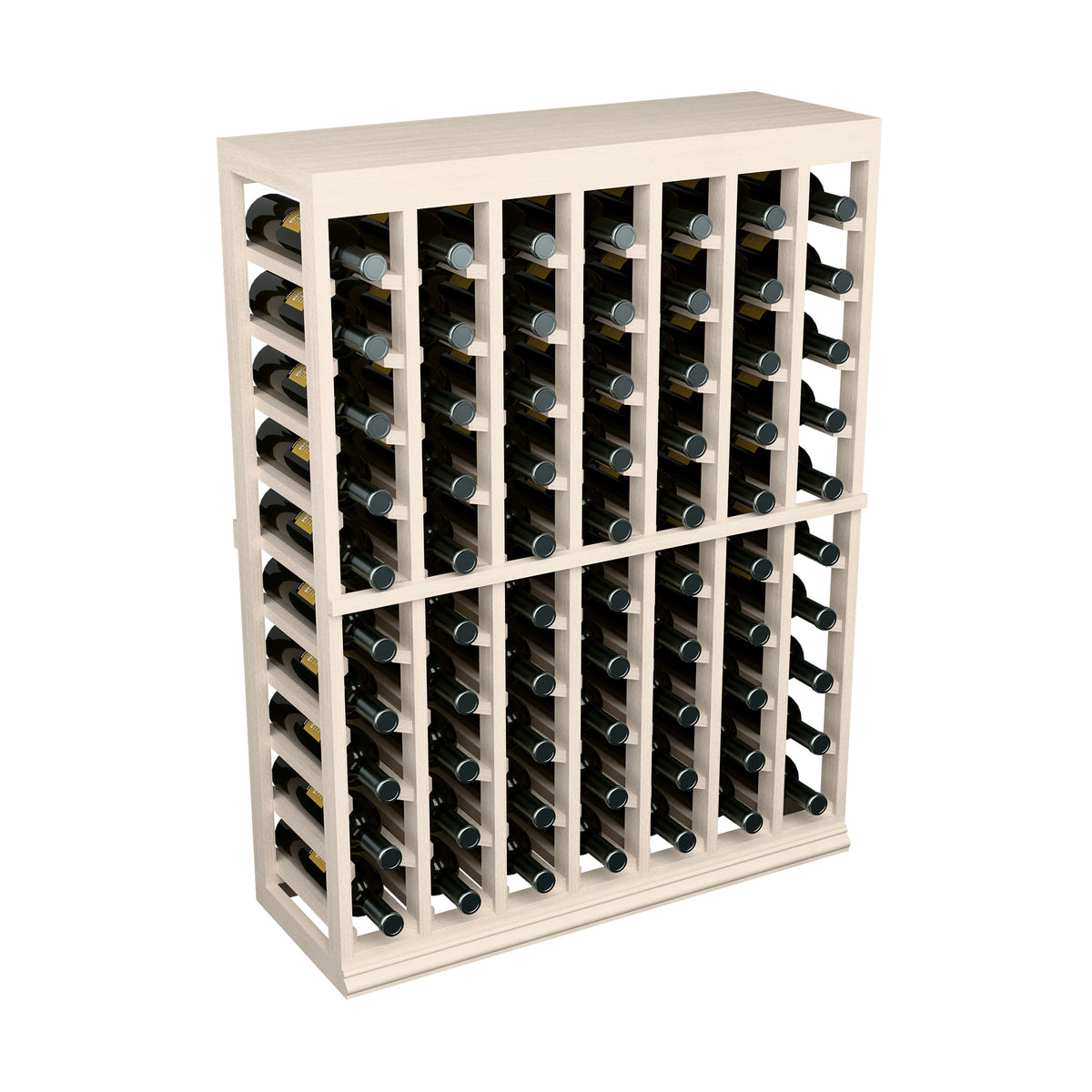 Half-height wine tasting table with solid top, light wood finish, front view with wine bottles