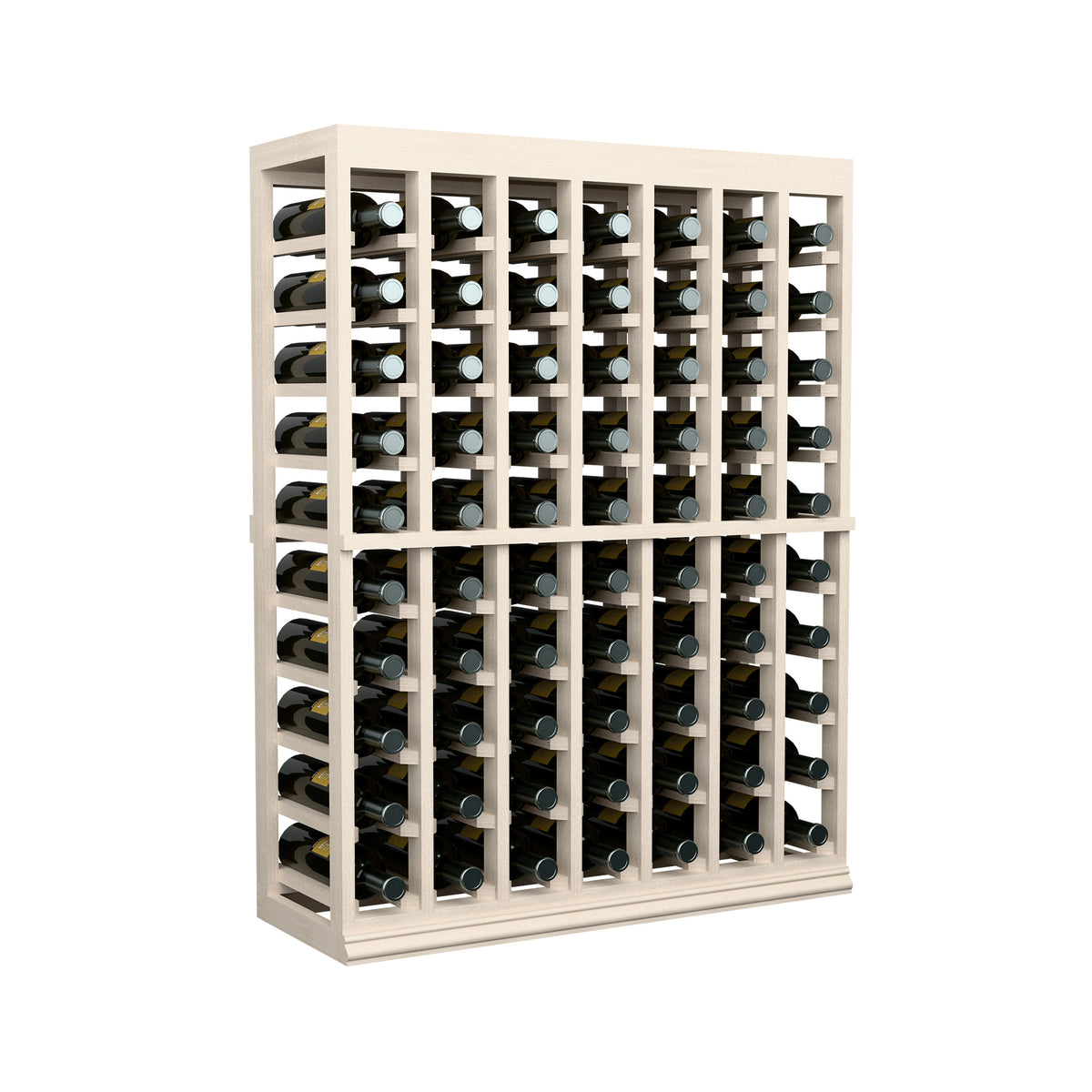 Half-height wine tasting table with solid top, light wood wine rack, angled front with bottles