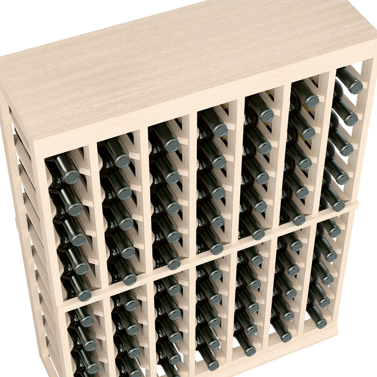 Half-height wine tasting table with solid top, pale wood finish, close view of bottle holder rows