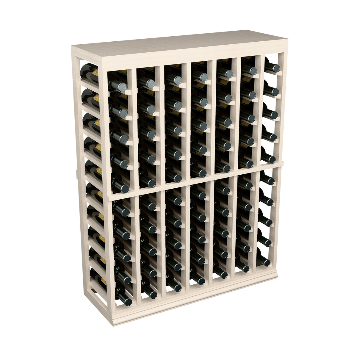 Half-height wine tasting table with solid top, light wood finish, front view of bottle slots