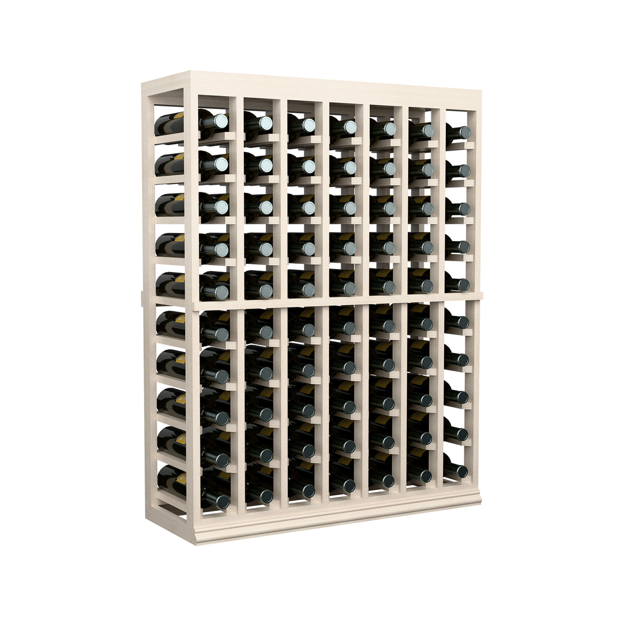 Half-height wine tasting table with solid top, light wood wine rack, straight-on front with bottles