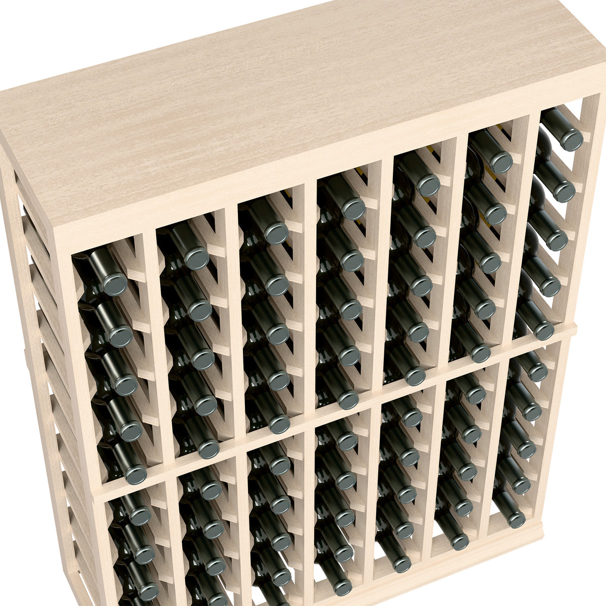 Half-height wine tasting table with solid top, pale wood finish, close view of bottle slots