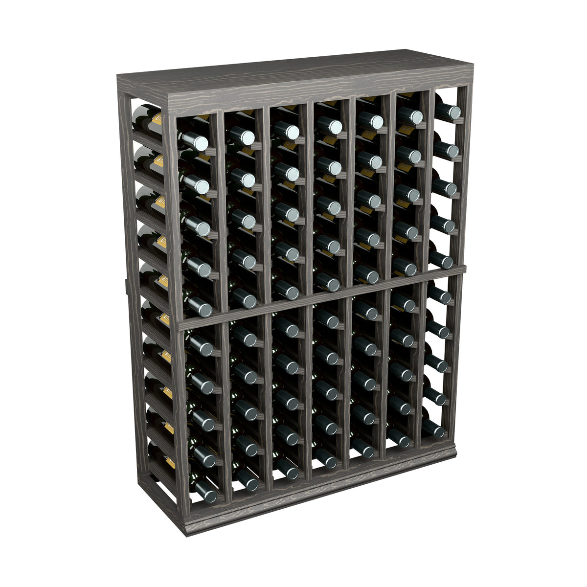 Wine bottle display rack with half-height solid top in dark stained wood, holds bottles
