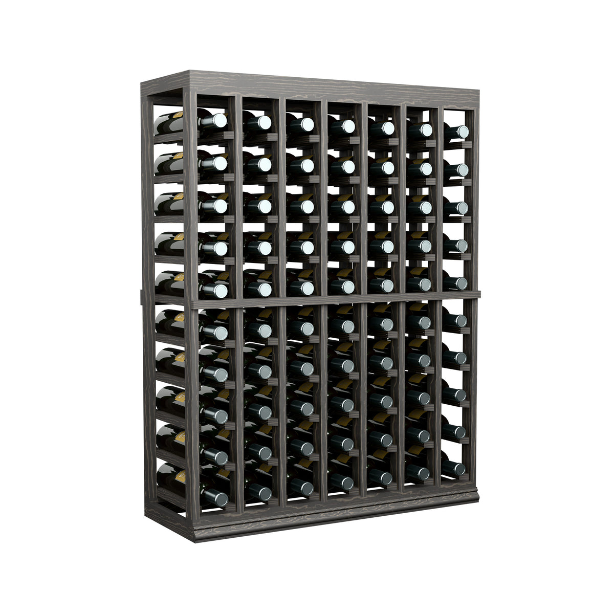 Wine bottle display rack with half-height solid top in dark stained wood, front bottle rows
