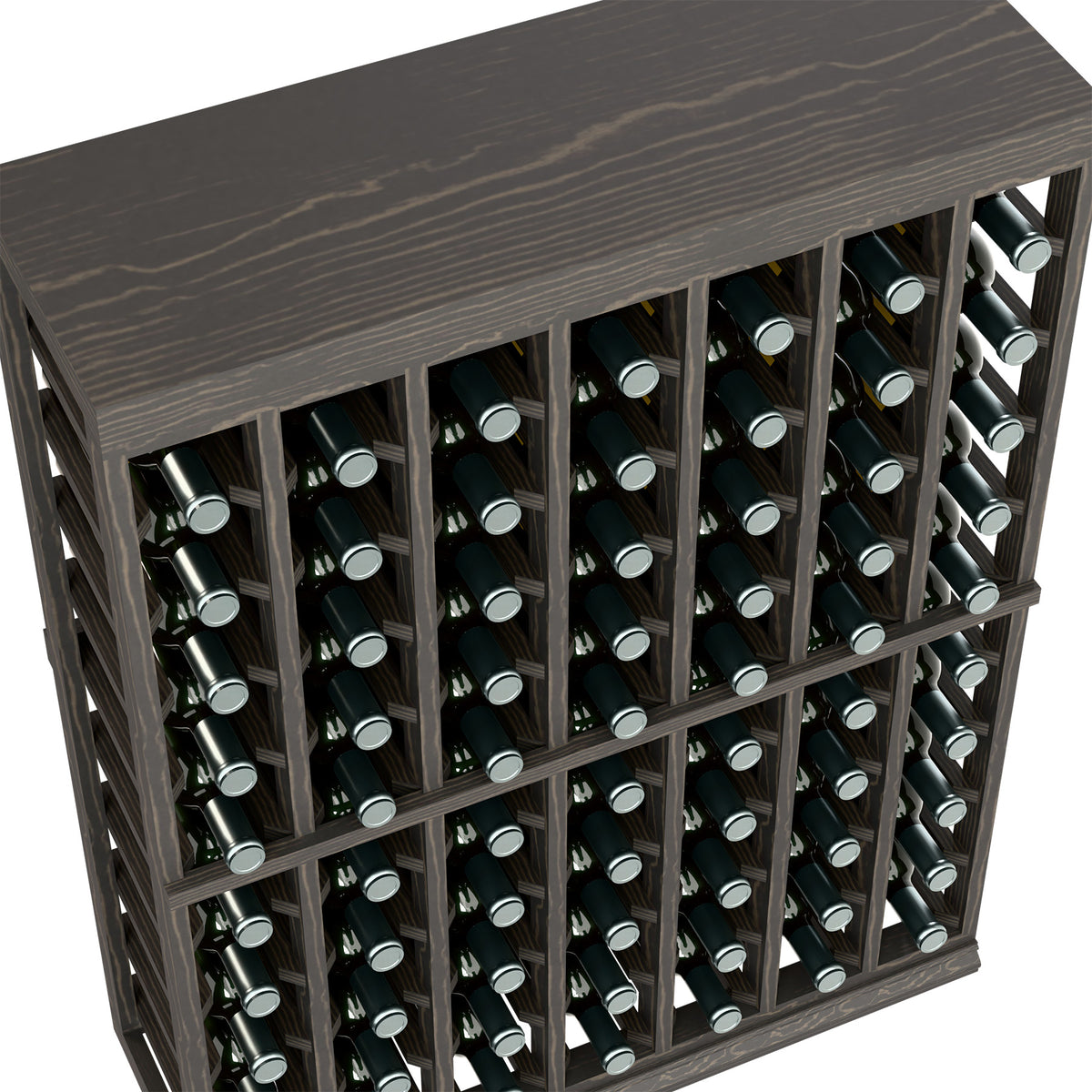 Wine bottle rack with half-height solid top, dark wood frame and bottle slots