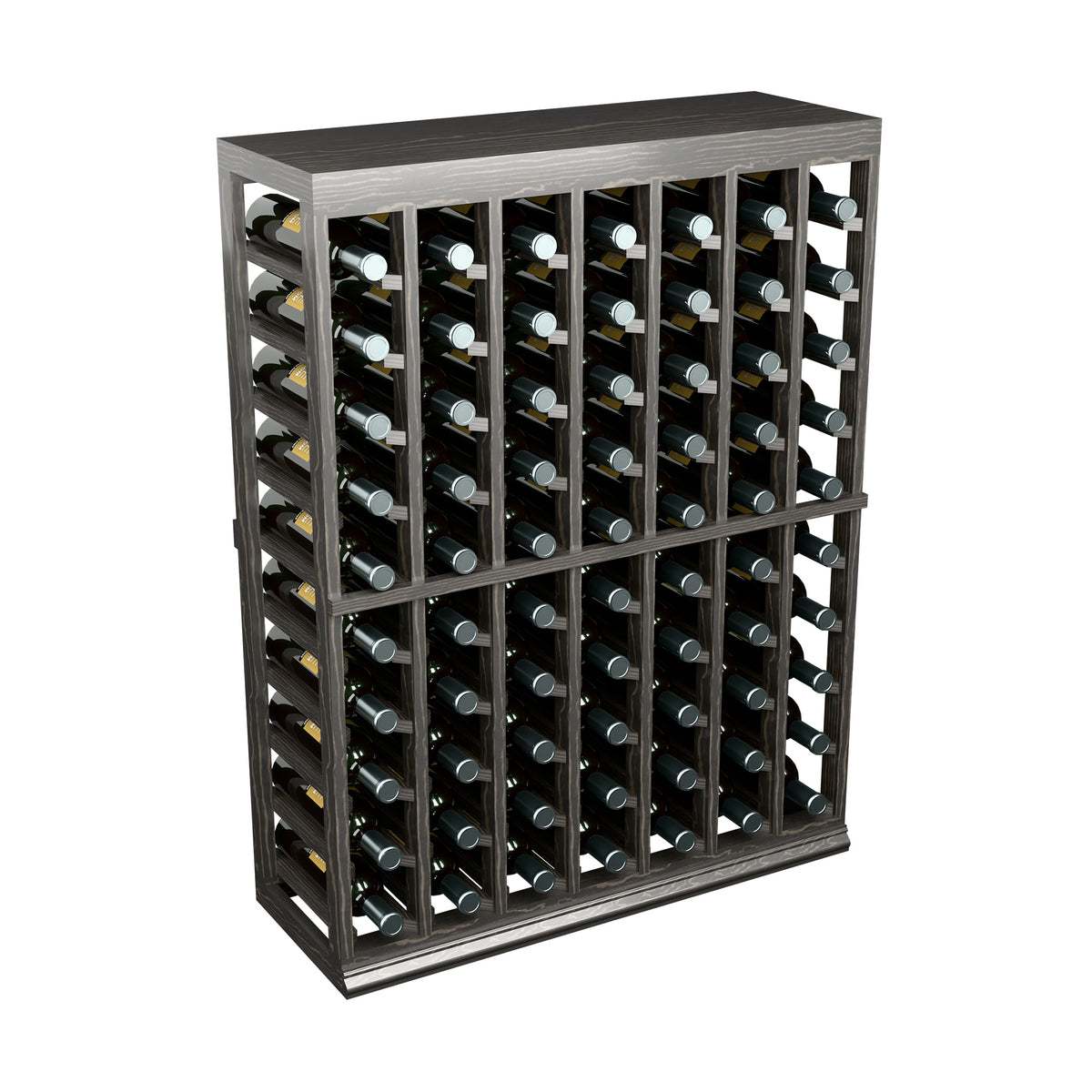 Wine bottle display rack with half-height solid top in dark stained wood, stacked bottle holders
