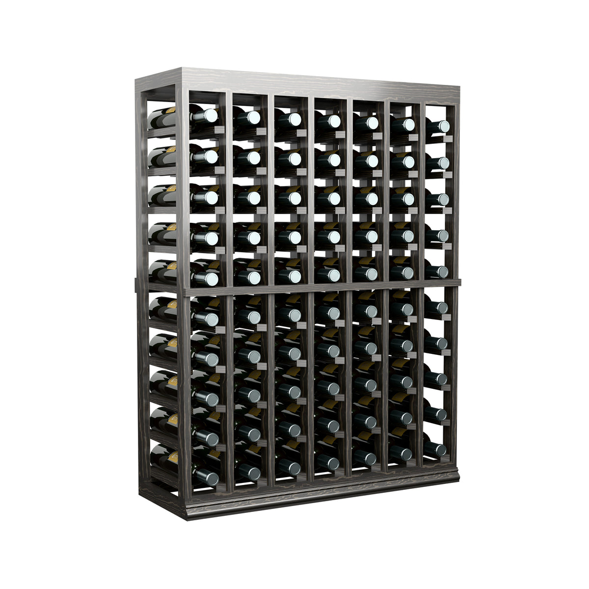 Wine bottle display rack with half-height solid top in dark stained wood, full front view