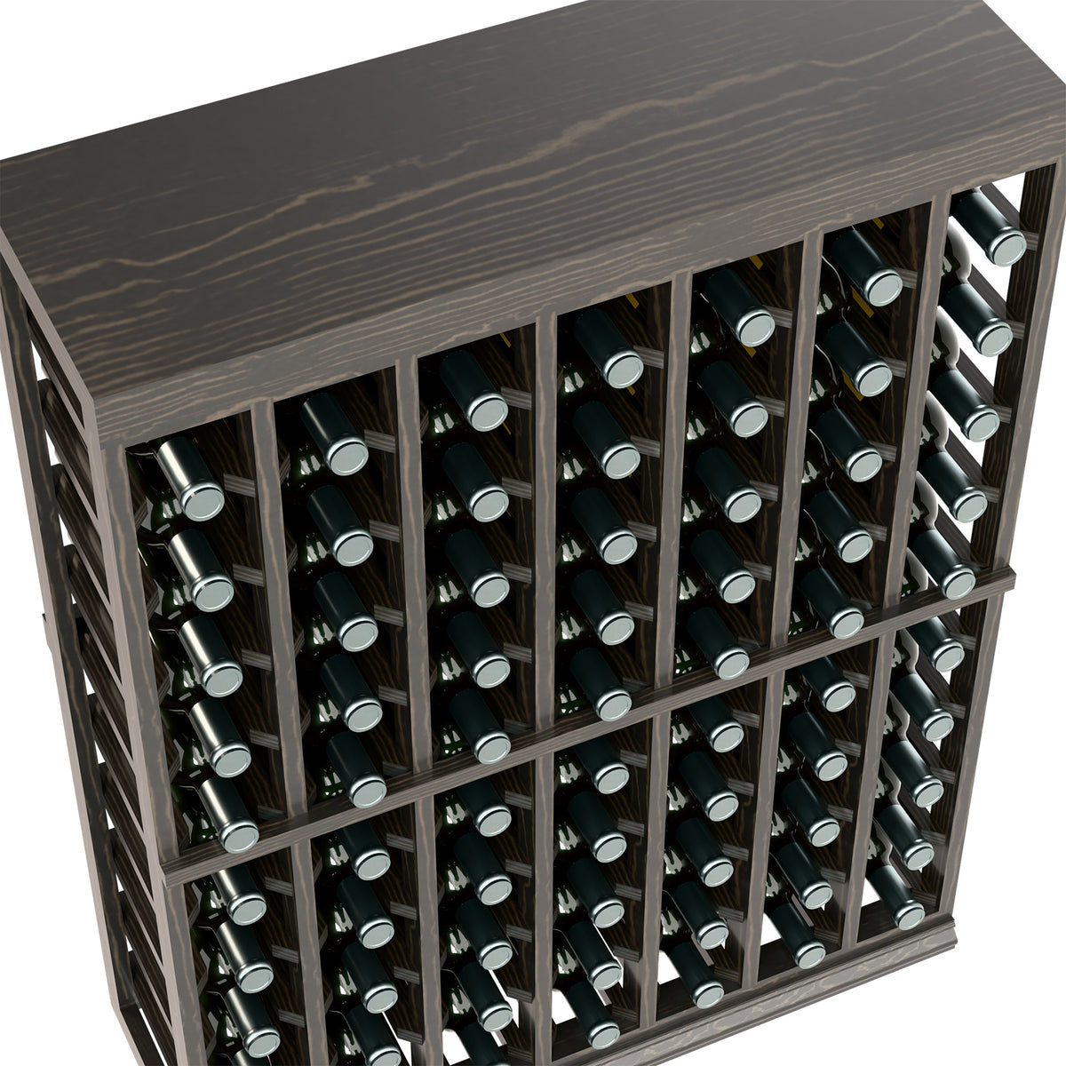 Wine bottle rack with half-height solid top, dark wood slats and bottle bottle rows