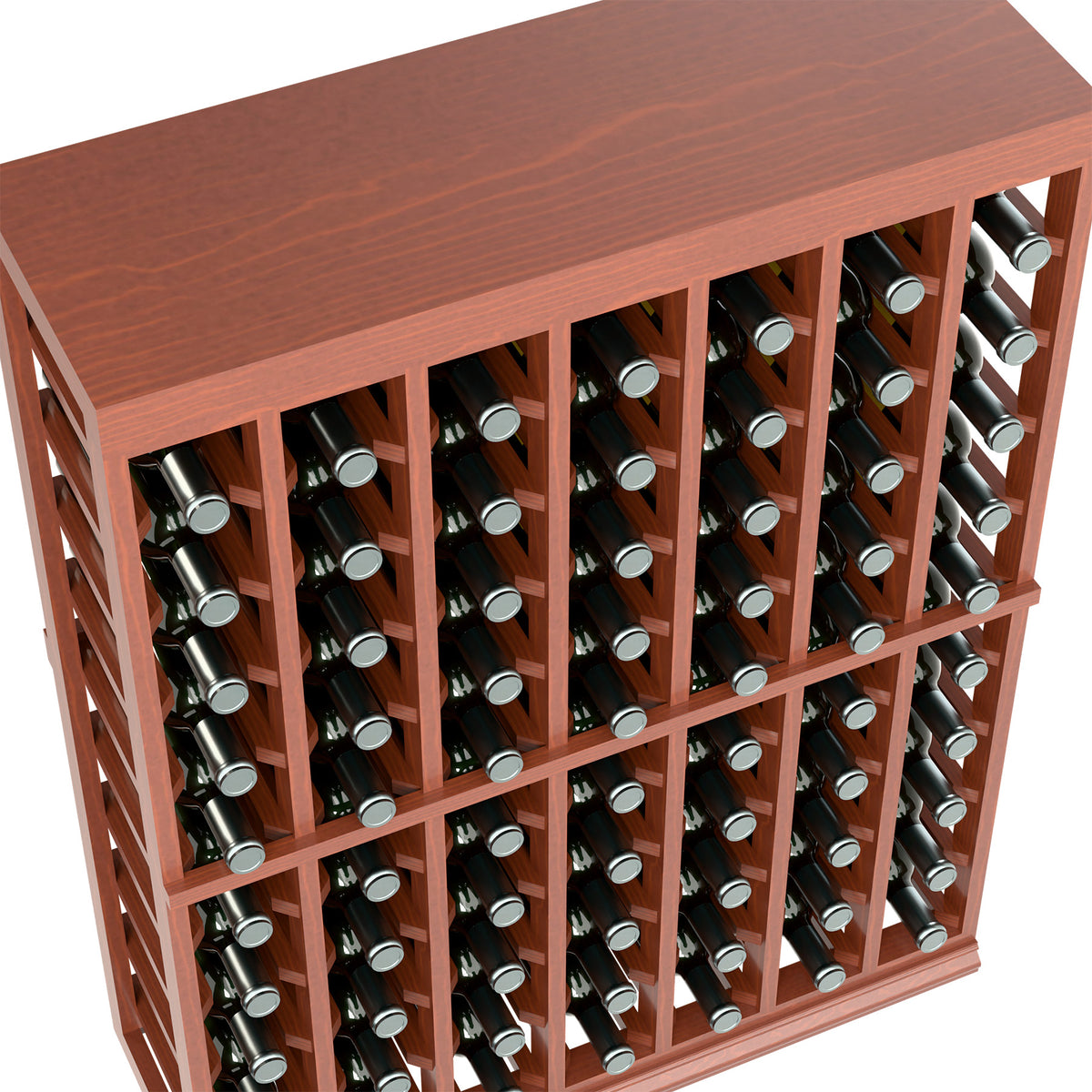 Wood wine bottle display rack close-up showing bottle slots and metal-capped bottles