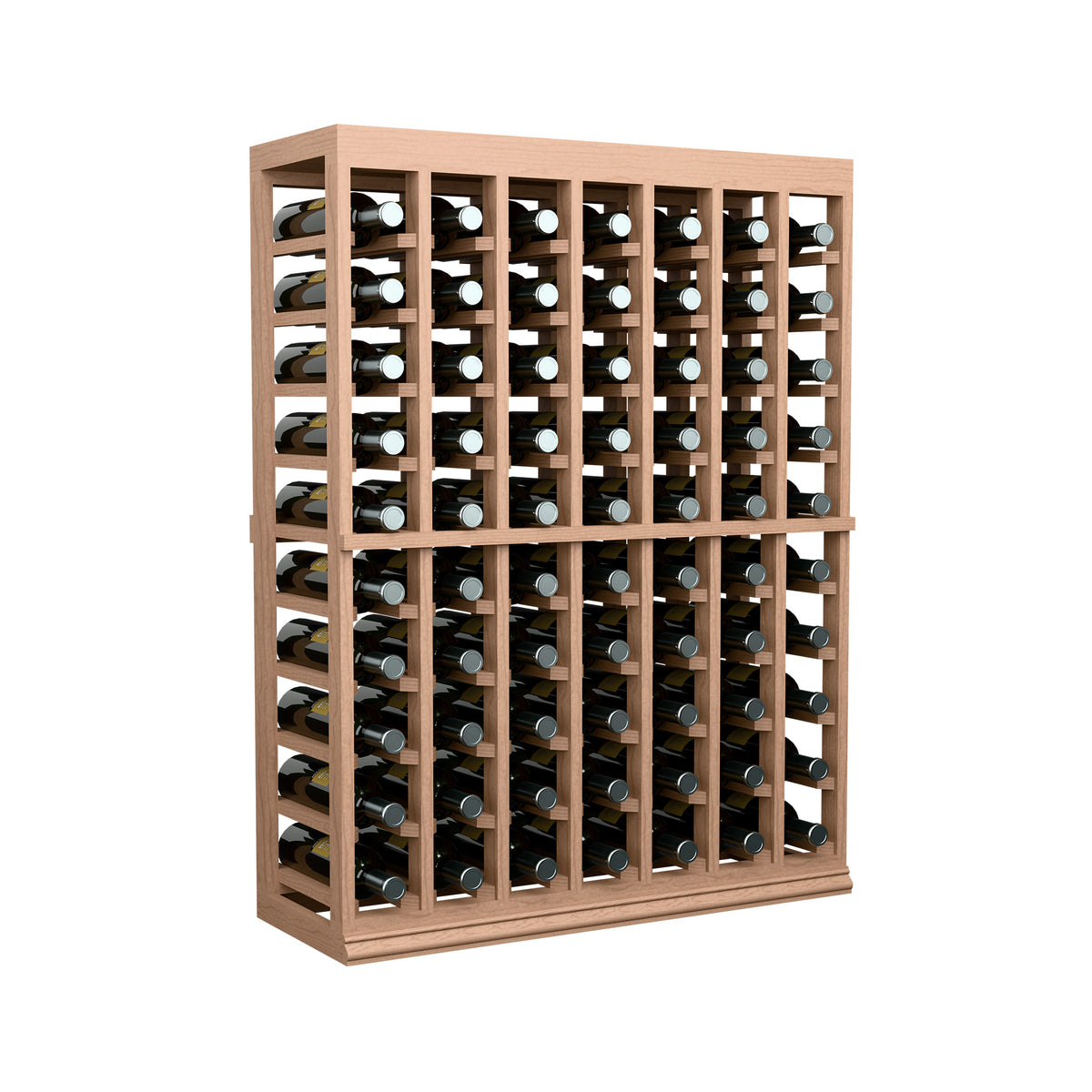Light brown wood wine bottle display rack with bottle slots and capped bottles