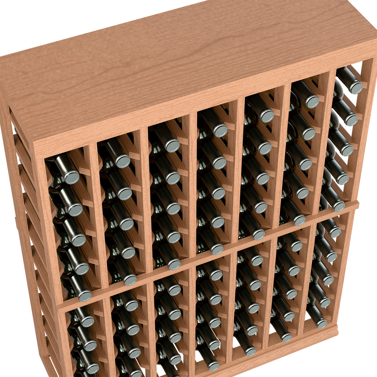 Close-up of bottle slots on light brown wood wine rack with capped bottles