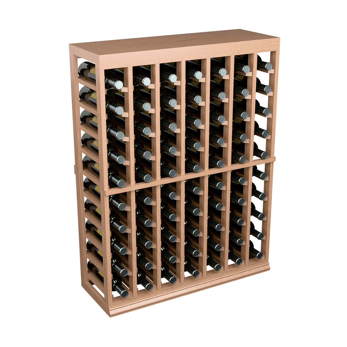 Light wood wine bottle display rack with front bottle rows and side cradle slots