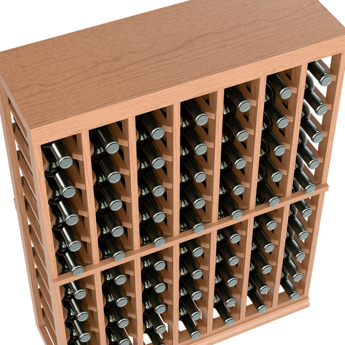 Close-up of wine bottle slots and bottles on light wood display rack