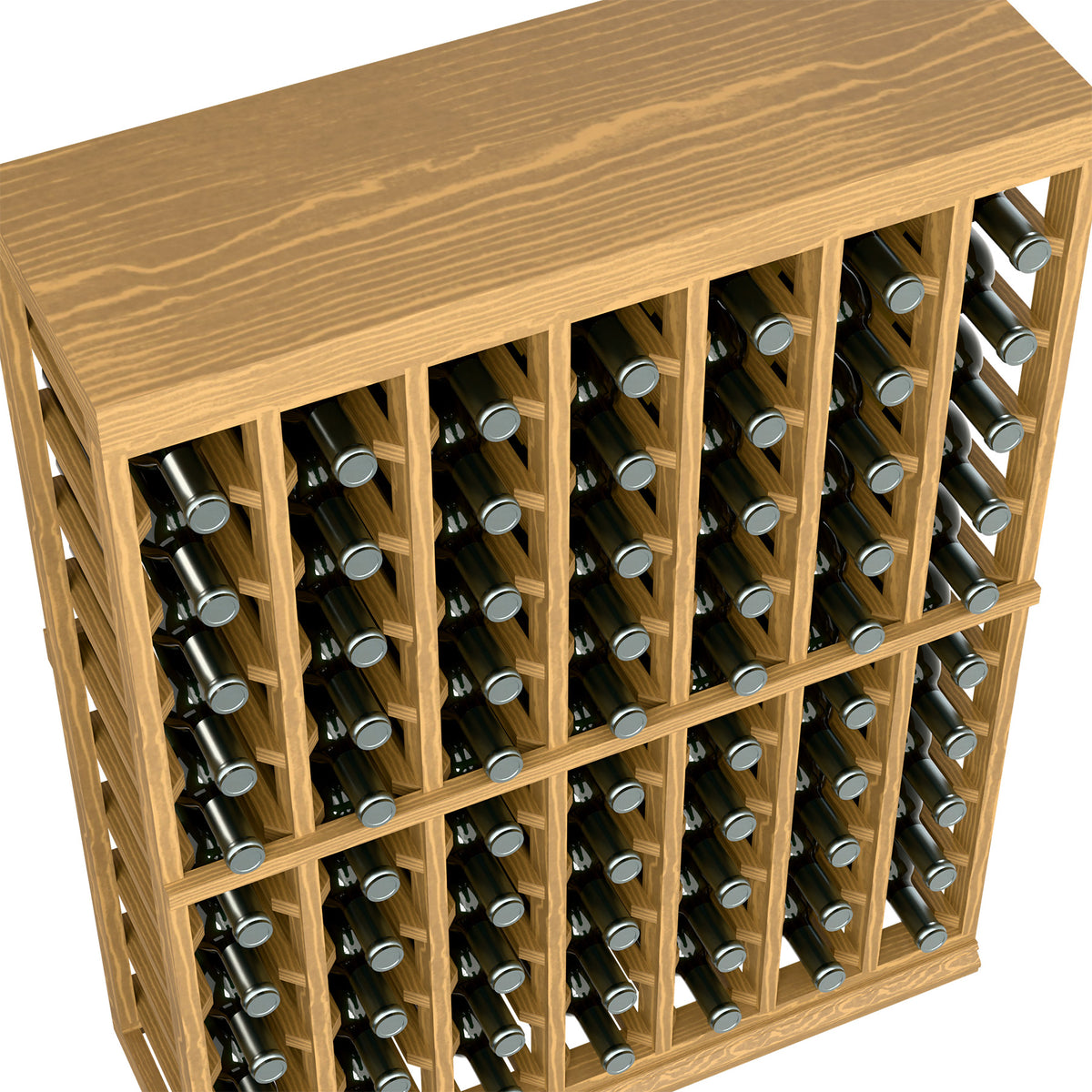 Light wood wine tasting table with solid top, half-height bottle rack, front view