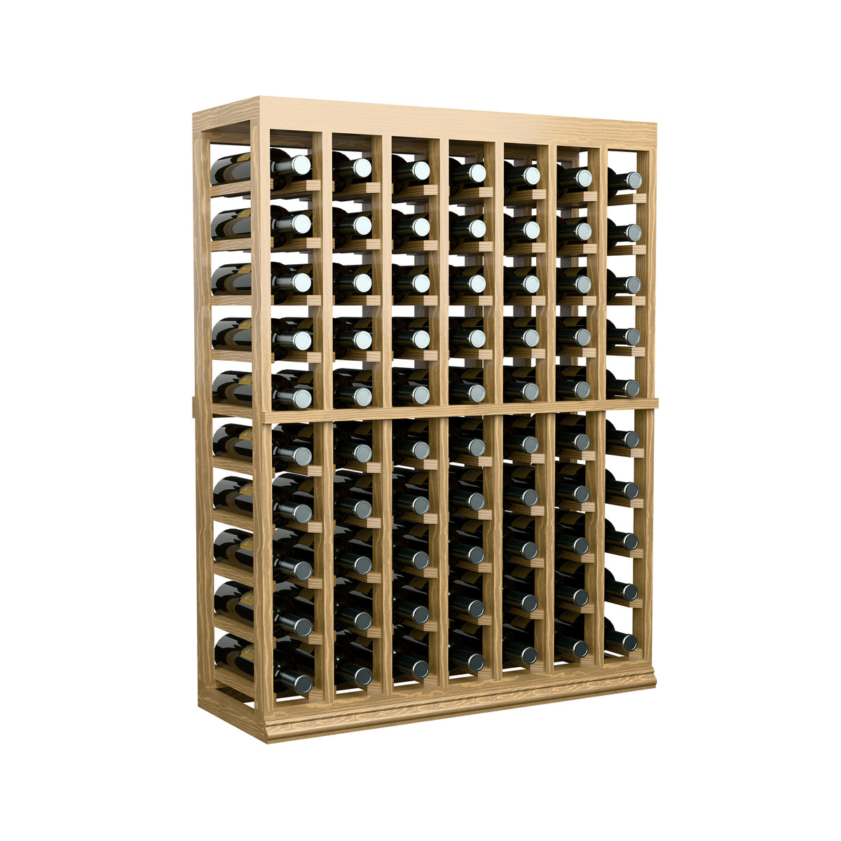 Light wood wine tasting table, half-height bottle rack with bottles in front cells