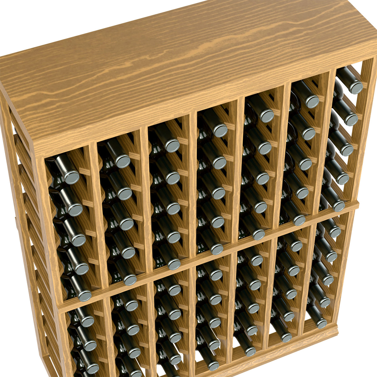 Light wood wine tasting table with solid top and half-height bottle rack, close front