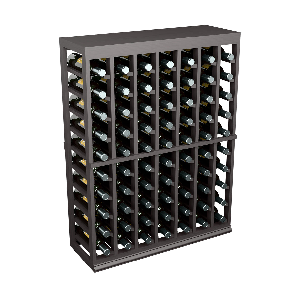 Dark wood wine tasting table with solid top, half-height bottle rack, front view