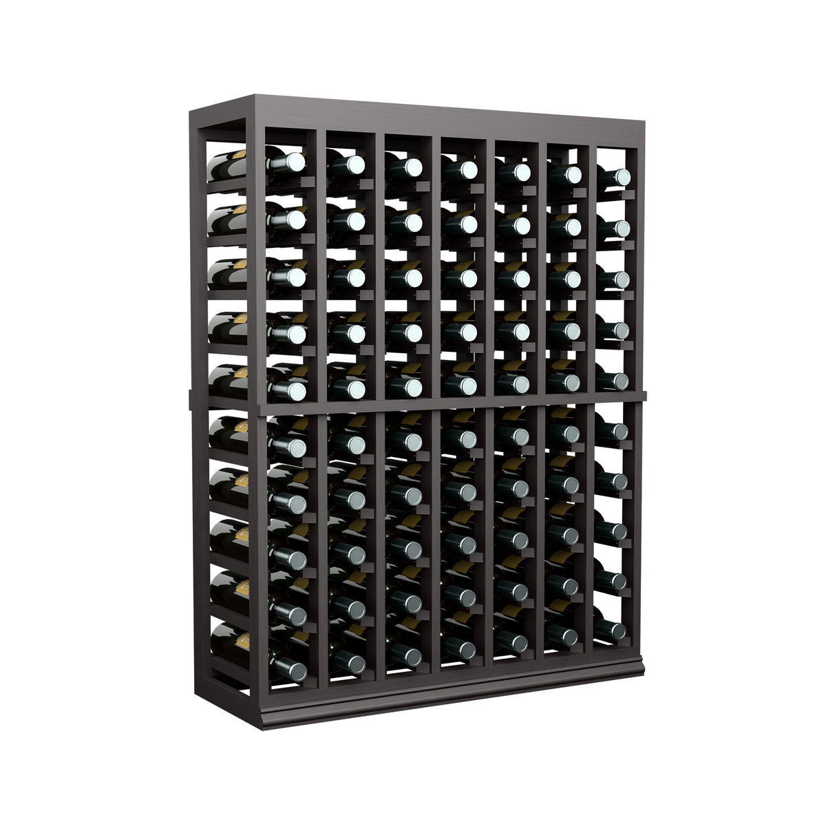 Dark wood wine tasting table with solid top, half-height bottle rack, angled side view