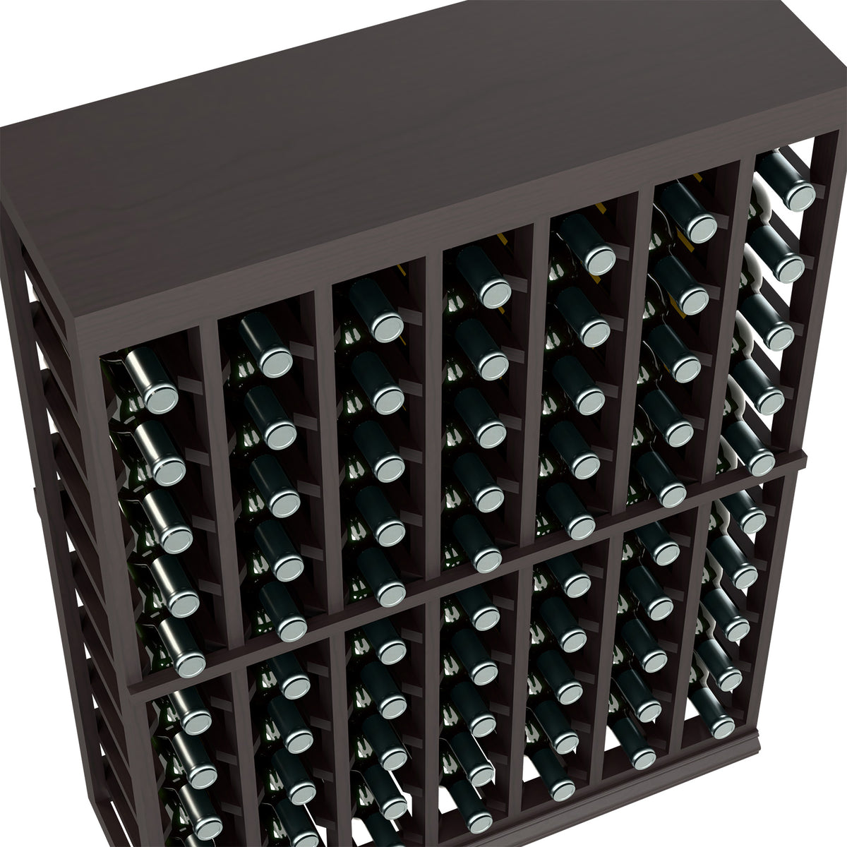 Dark wood wine tasting table with solid top, half-height bottle rack, bottle row close-up
