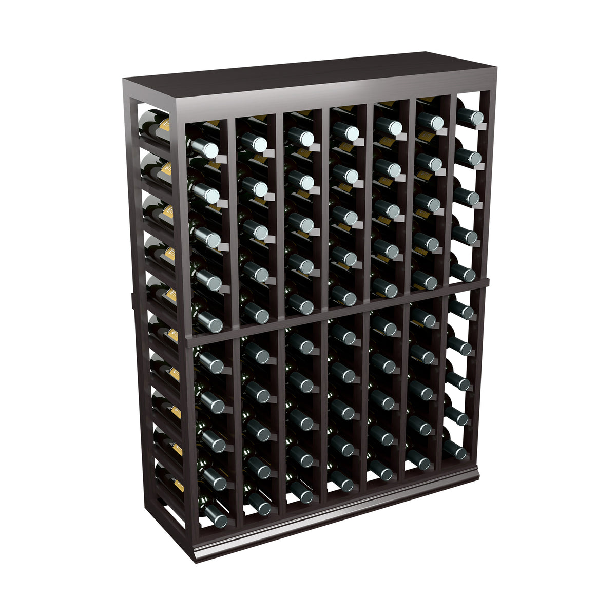 Dark wood wine tasting table with solid top, half-height bottle rack, 3/4 front view