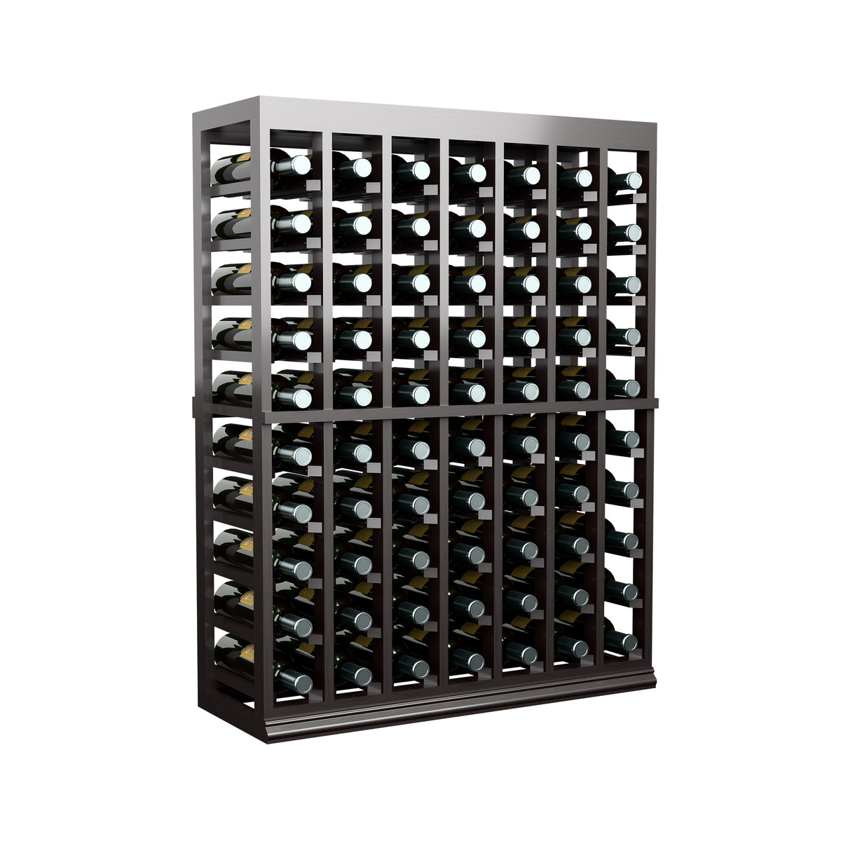 Dark wood wine tasting table with solid top, half-height bottle rack, front view