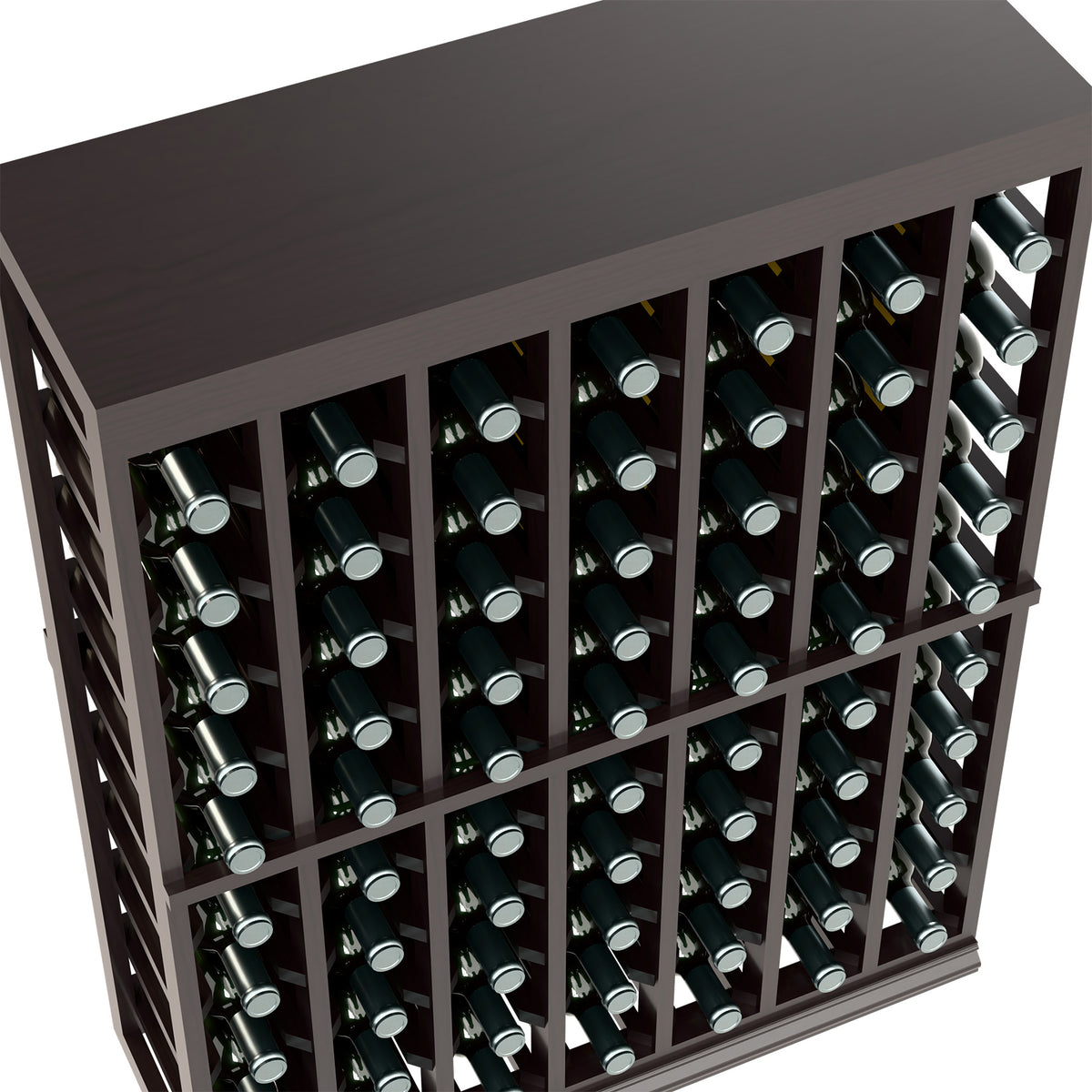 Dark wood wine tasting table with solid top and half-height bottle rack, close side view